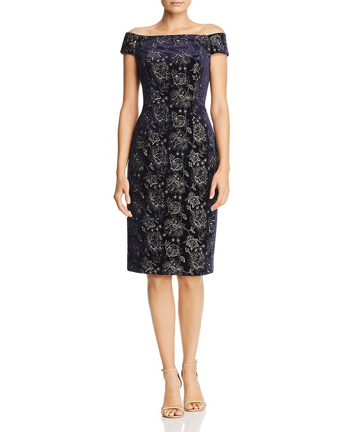 Adrianna Papell Embroidered Velvet Off-the-Shoulder Dress | Bloomingdale's