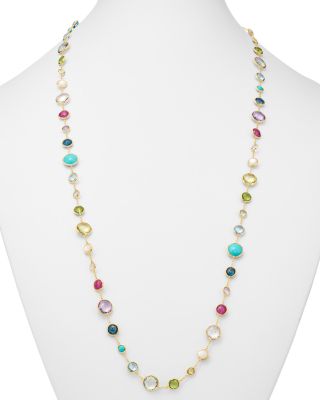 18K Yellow Gold Lollipop Lollitini Mother of Pearl, Green Gold Citrine, Peridot, Green Agate, Blue Topaz, Turquoise, London Blue Topaz, Amethyst & Pink Tourmaline Long Necklace, 36"