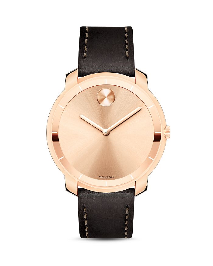 Movado Bold Thin Leather Strap Watch 36mm In Chocolate Rose Gold