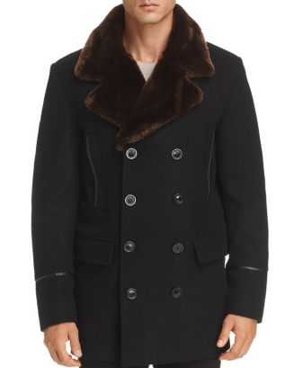 KARL LAGERFELD PARIS Faux Fur-Trimmed Double-Breasted Peacoat ...