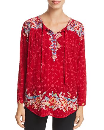 Johnny Was Gina Tie-Neck Embroidered Top | Bloomingdale's