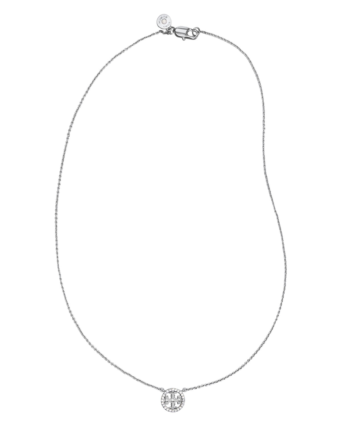 Tory Burch Crystal Circle Logo Necklace, 16 in Silver