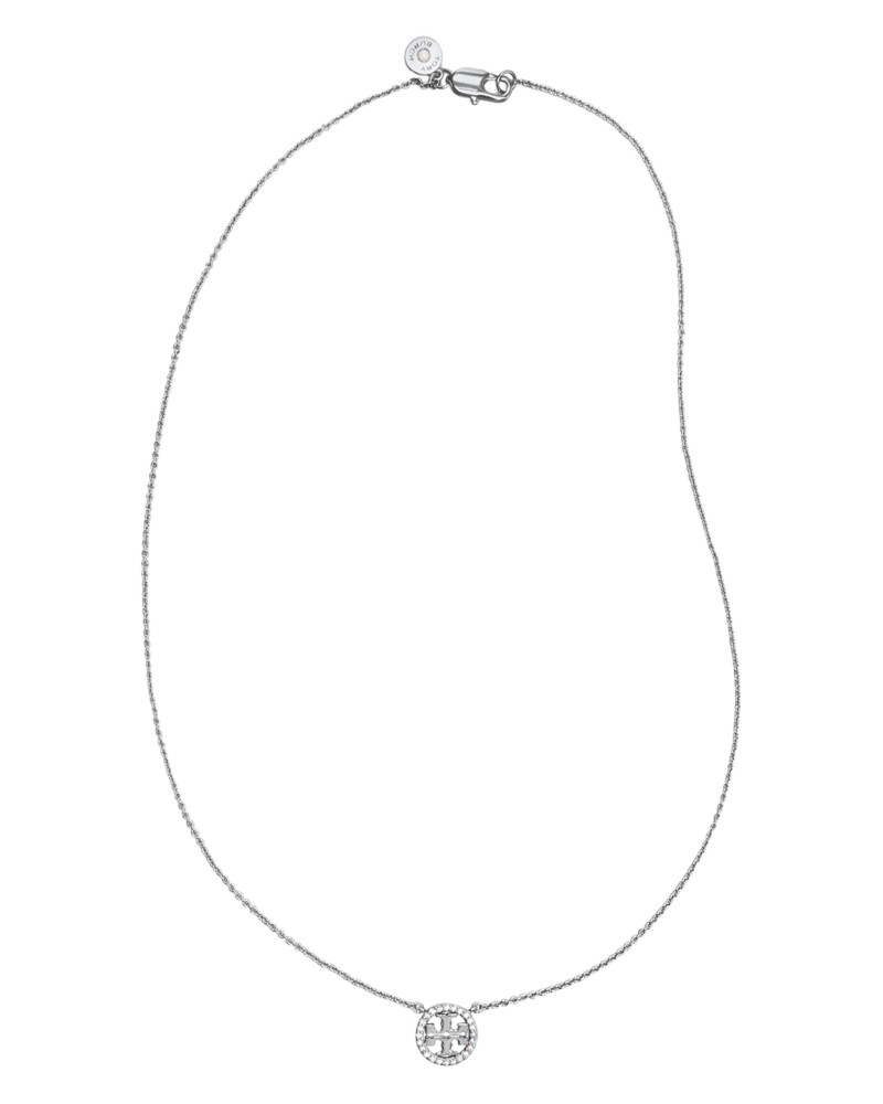 Tory Burch Crystal Circle Logo Necklace, 16 in Silver