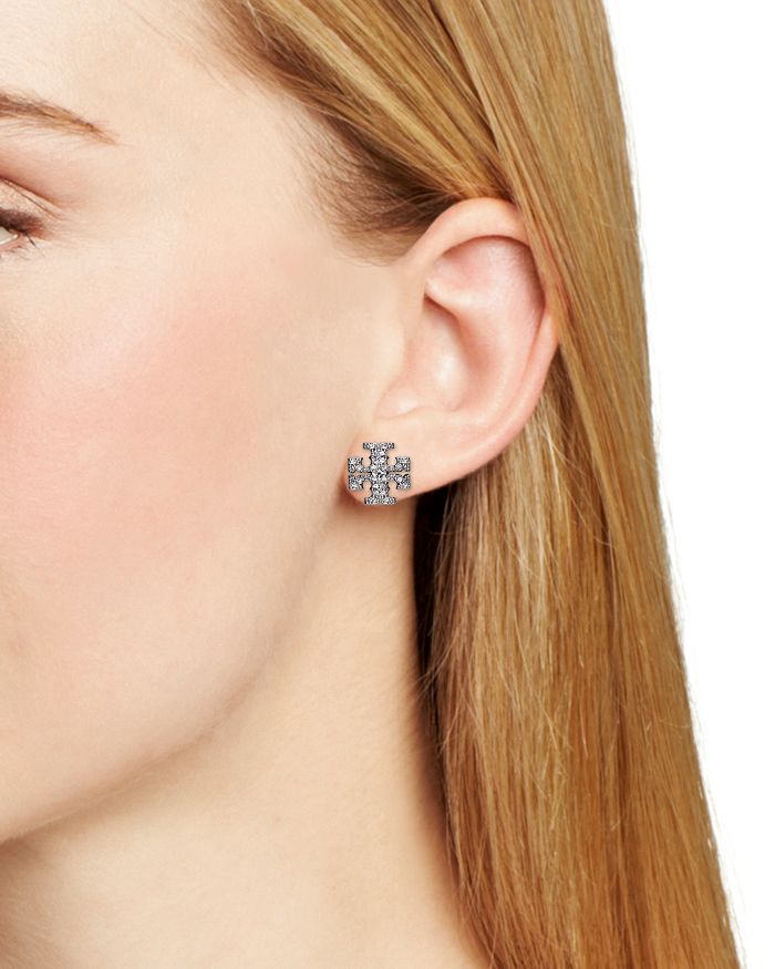 Tory Burch Crystal-embellished Logo Stud Earrings In Silver | ModeSens