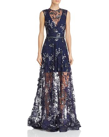 BRONX AND BANCO Aurora Embroidered Illusion Gown | Bloomingdale's