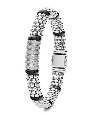 Sterling Silver Black Caviar Rope Bracelet with Diamonds & Black Ceramic