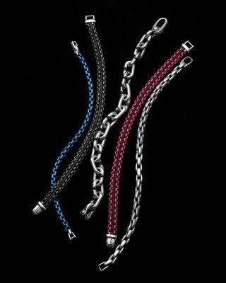 Men&#39;s Woven Box Chain Bracelet in Sterling Silver with Black Stainless Steel and Black Nylon, 10mm