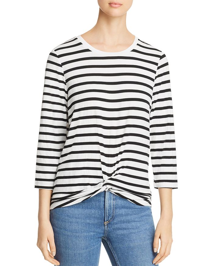 Alison Andrews Striped Twist-front Tee In White/black