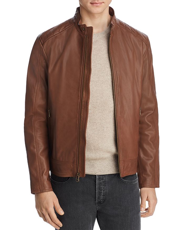 Cole Haan Leather Moto Jacket In Cognac