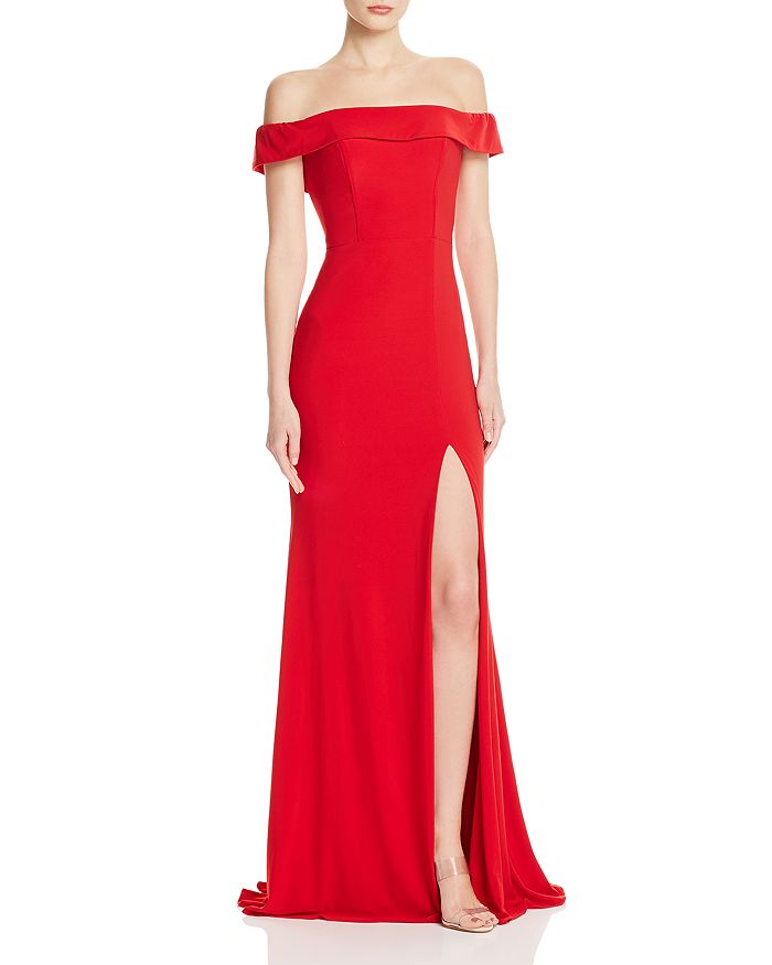 Faviana Jersey Off-the-shoulder Gown W/ Slit In Red