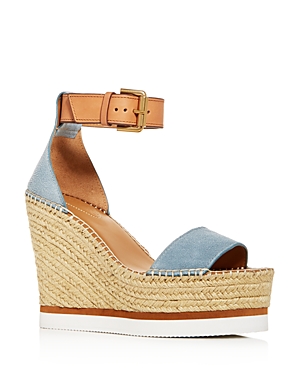 SEE BY CHLOÉ GLYN LEATHER ESPADRILLE PLATFORM WEDGE ANKLE STRAP SANDALS,SB26152-09131