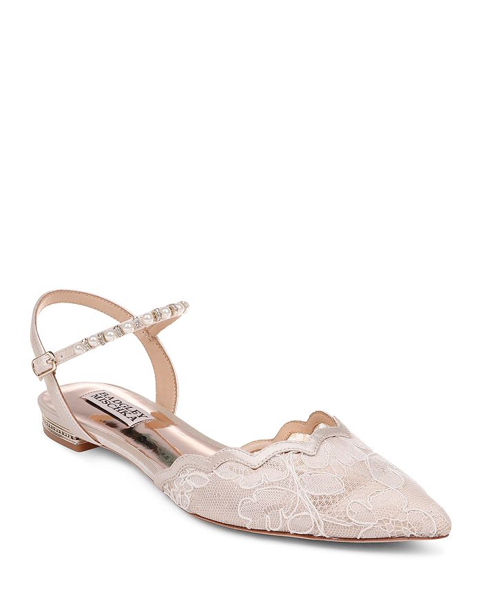 Badgley Mischka Women s Lennon Crystal Faux Pearl Pointed Toe Flats In Ivory Fabric Satin ModeSens