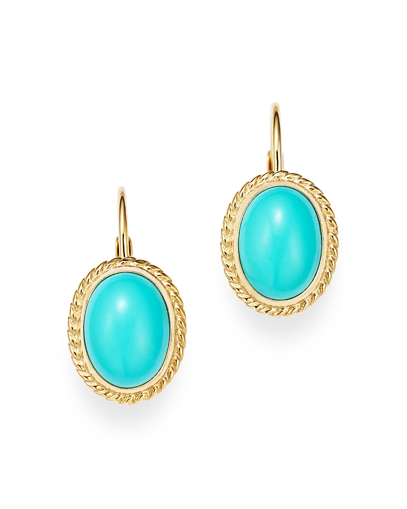 Bloomingdale's Turquoise Bezel Set Earrings In 14k Yellow Gold - Exclusive In Blue/gold