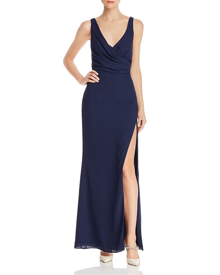 Fame And Partners Strap-detail Draped Gown In Navy
