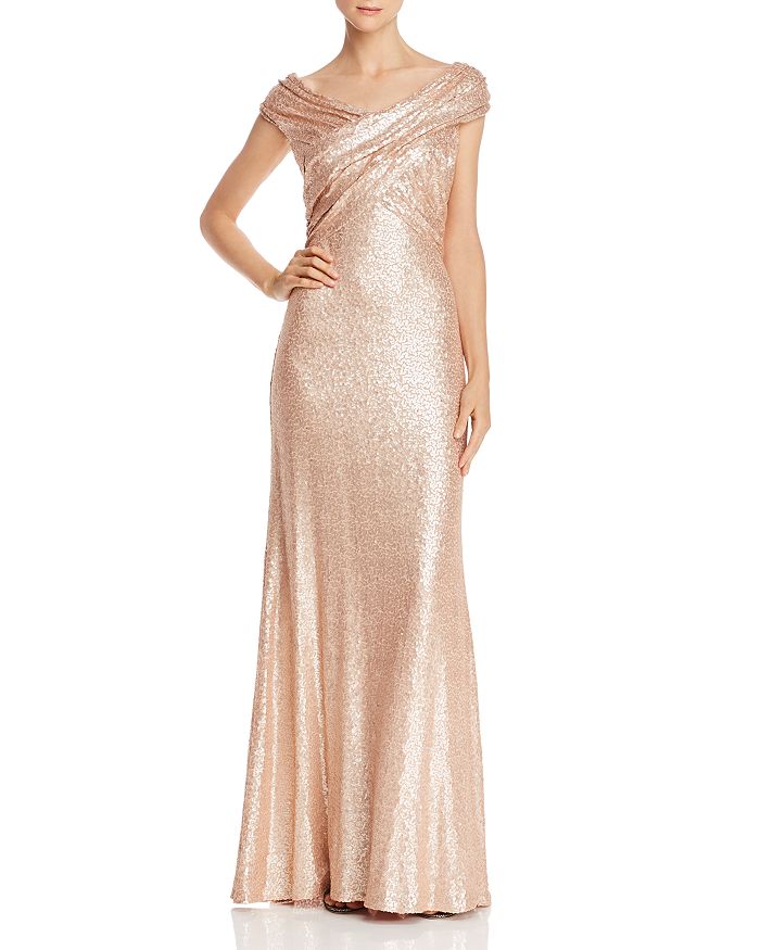 Tadashi Shoji Off-the-shoulder Sequined Gown In Champagne