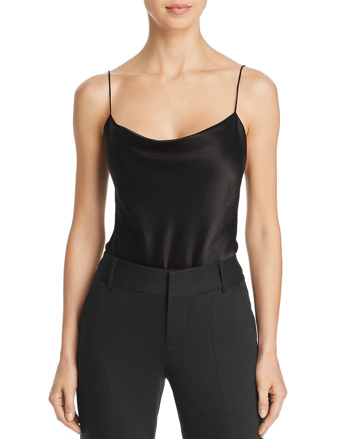Alice And Olivia Harmon Draped Satin And Stretch-crepe Thong Bodysuit In Black