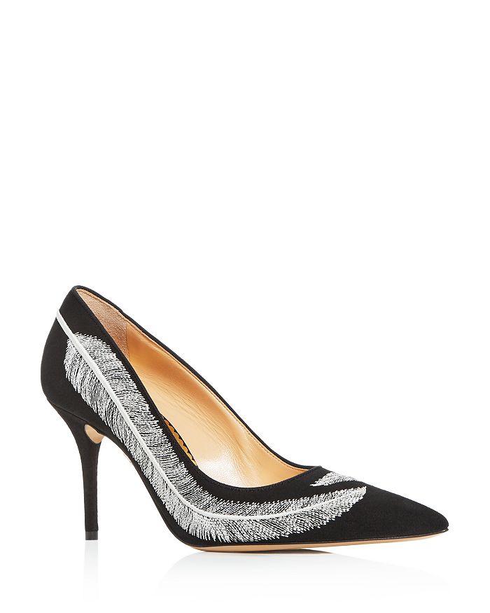 CHARLOTTE OLYMPIA WOMEN'S EMILIA FEATHER EMBROIDERED HIGH-HEEL PUMPS,OLP197014A-01021