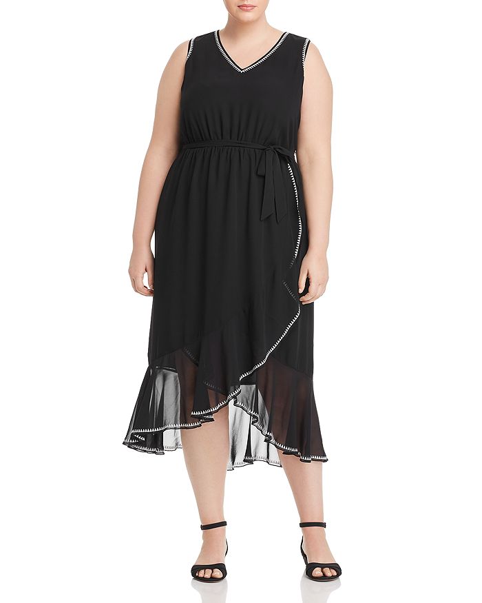 Vince Camuto Plus Embroidery-trimmed Midi Dress In Rich Black