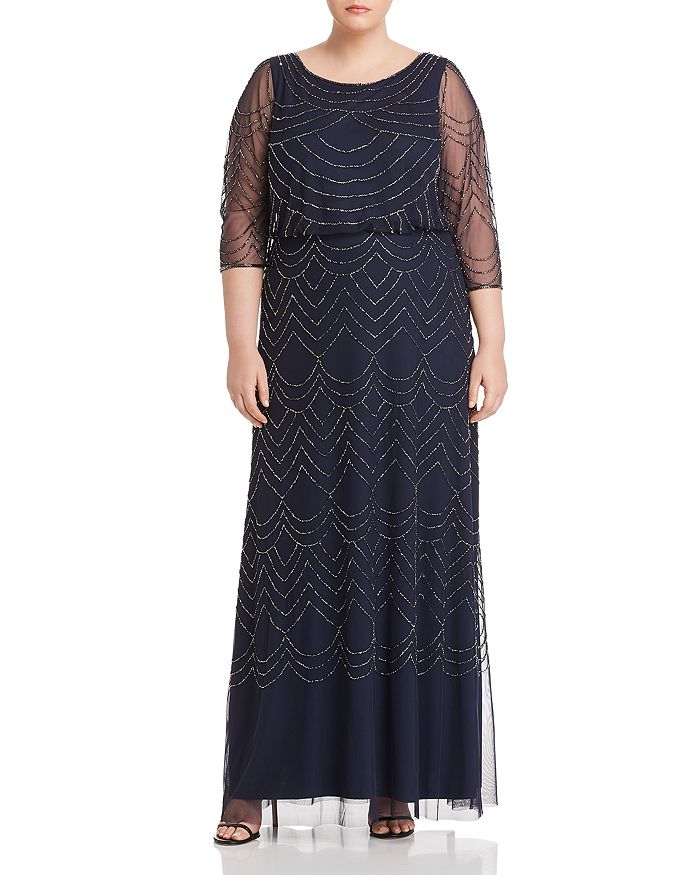 Adrianna Papell Plus Beaded Mesh Detail Maxi Dress In Navy
