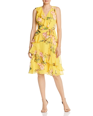 Adrianna Papell Faux-wrap Printed Chiffon Dress In Yellow Multi