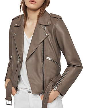 Allsaints Balfern Leather Biker Jacket In Stone