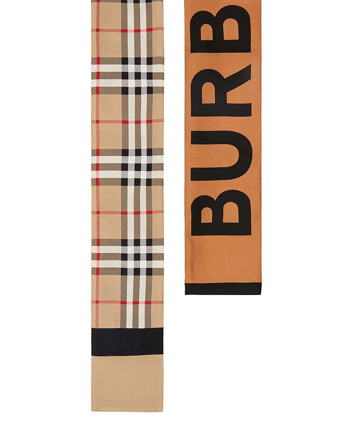 Burberry Vintage Check And Logo Print Silk Skinny Scarf In Neutrals ...