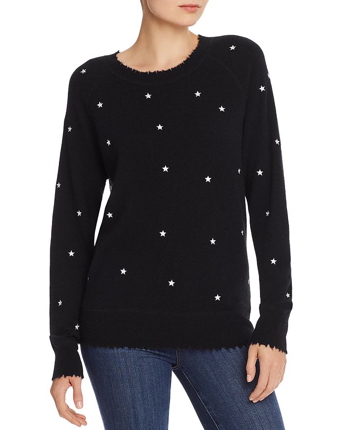 Aqua Cashmere Embroidered Star Cashmere Sweater - 100% Exclusive In Black/white