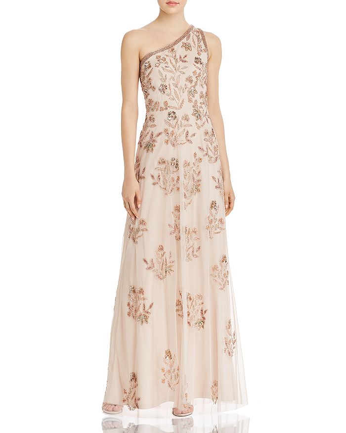 ADRIANNA PAPELL BEADED FLORAL ONE-SHOULDER GOWN,AP1E205940