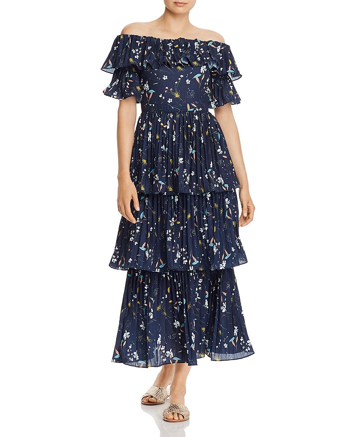 Aqua Pleated Tiered Floral Maxi Dress - 100% Exclusive In Navy Floral