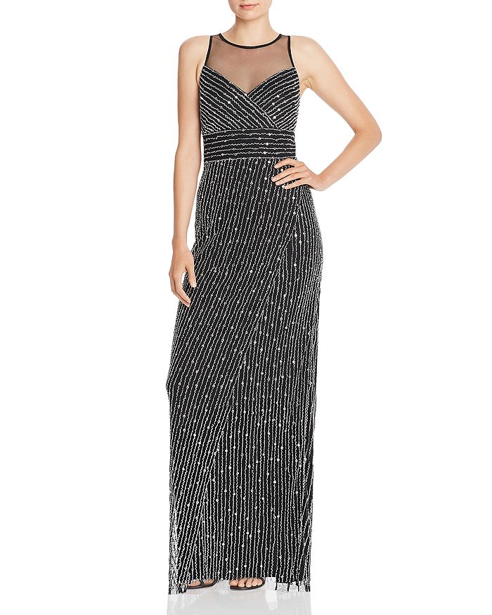 Adrianna Papell Beaded Illusion Yoke Column Gown In Black/silver