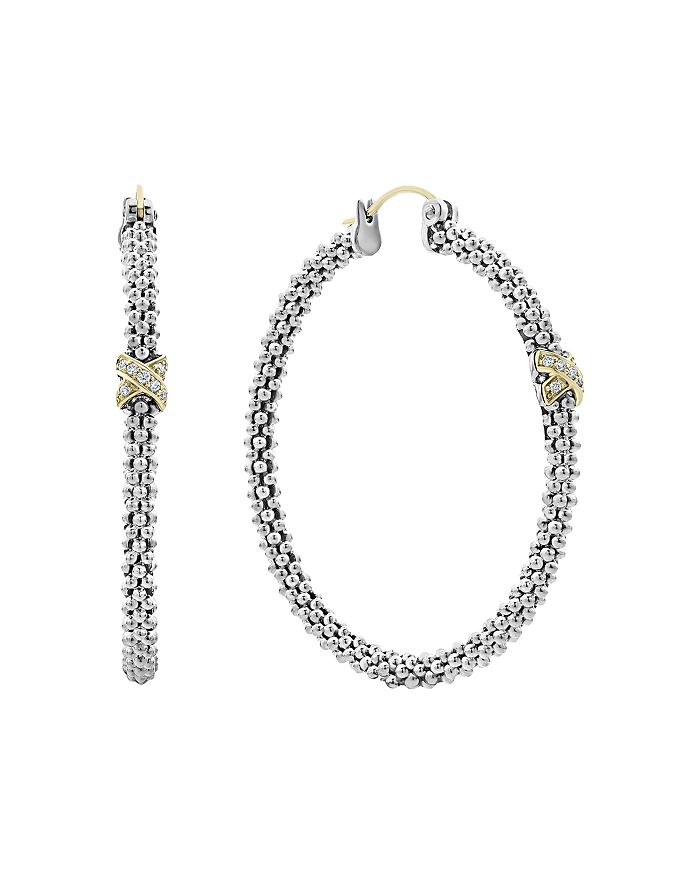 Shop Lagos Sterling Silver & 18k Yellow Gold Embrace Diamond Hoop Earrings In Silver/multi