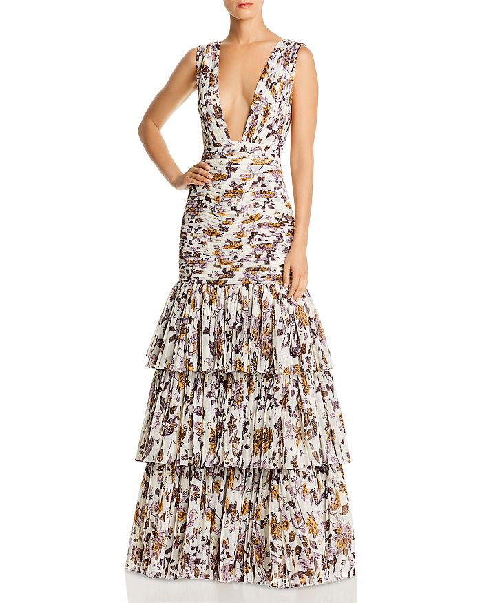 Fame And Partners Dahlia Floral Plunge Gown In Floral Paisley Cream
