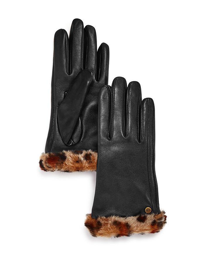 Ugg Shorty Shearling-cuff Leather Tech Gloves In Leopard