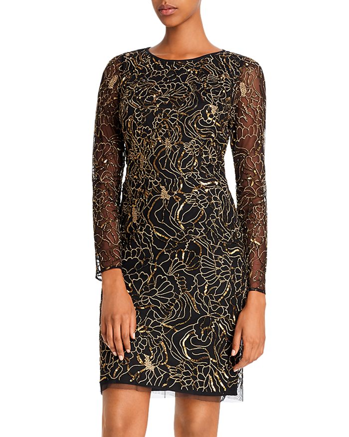 AIDAN MATTOX EMBELLISHED FLORAL METALLIC COCKTAIL DRESS - 100% EXCLUSIVE,MD1E203618