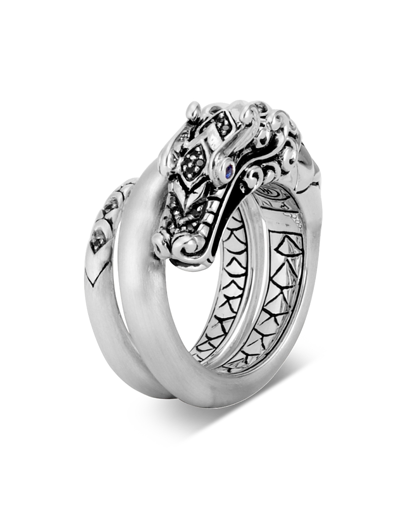 John Hardy Sterling Silver Legends Naga Black Spinel & Blue Sapphire Eyes Ring With Brushed Finish In Silver