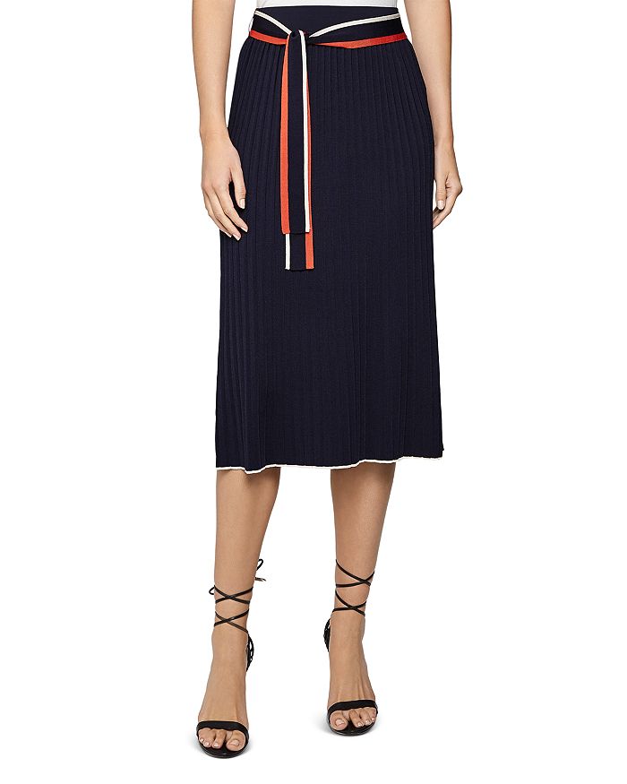 Reiss Mia Belted Ribbed Knit Midi Skirt In Navy Modesens