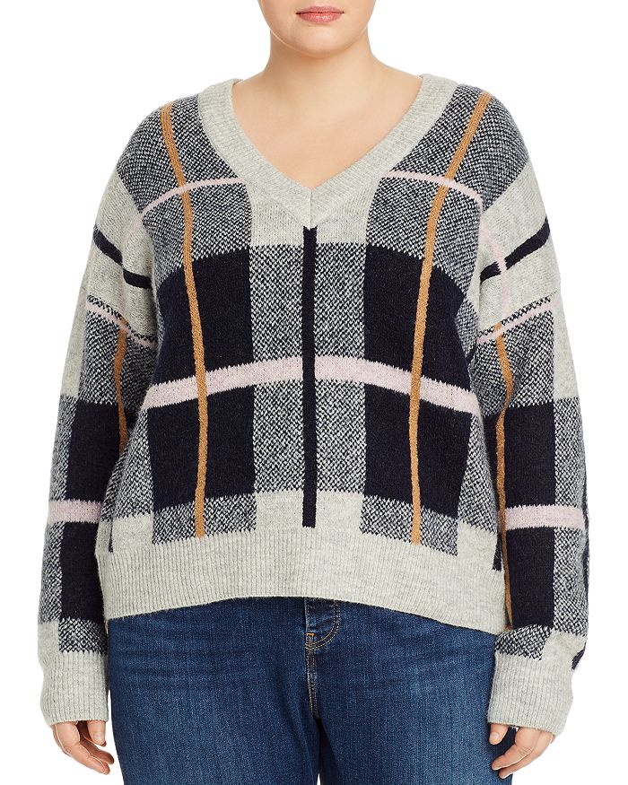 Aqua Curve Plaid V-neck Sweater - 100% Exclusive In Black/lavendar
