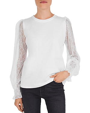 The Kooples Sheer Lace-sleeve Jersey Top In White