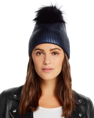 Jocelyn Fox Fur Pom-pom Metallic Beanie 