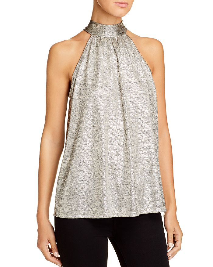 Kim & Cami Sleeveless Metallic Tie-back Top In Taupe/silver