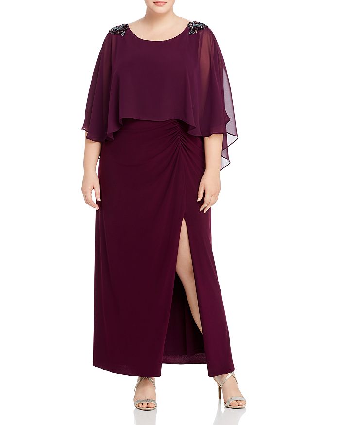 Adrianna Papell Plus Embellished Chiffon Capelet Dress In Shiraz