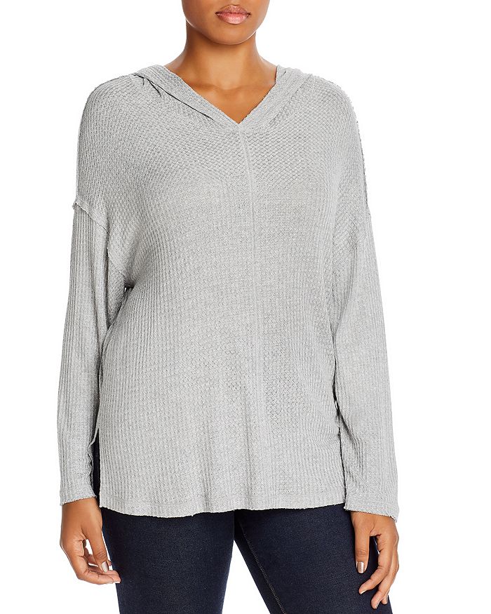 Aqua Curve Waffle-knit Hoodie Top In Gray