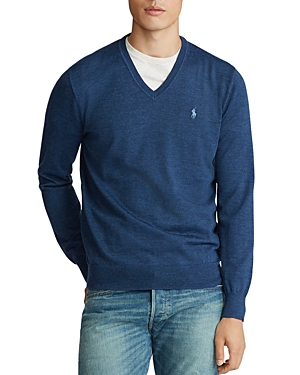 Polo Ralph Lauren Washable Merino Wool V-neck Sweater In Federal Blue Heather