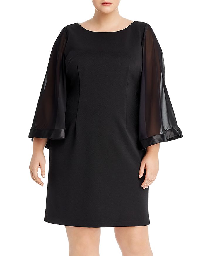 Adrianna Papell Plus Ribbed Chiffon-sleeve Dress In Black