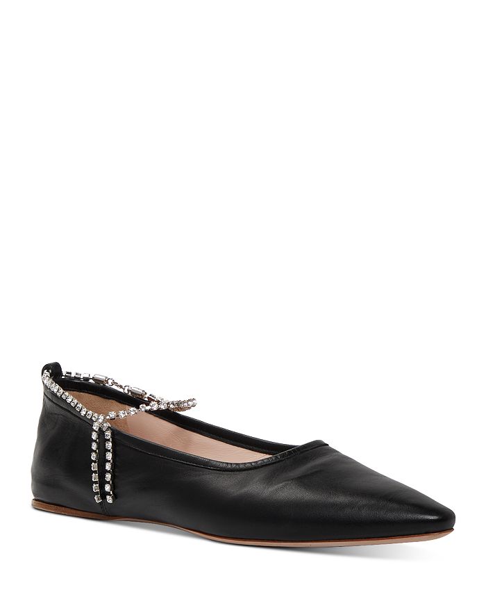 Miu Miu Women's Crystal Ankle Strap Pointed Toe Flats In Black