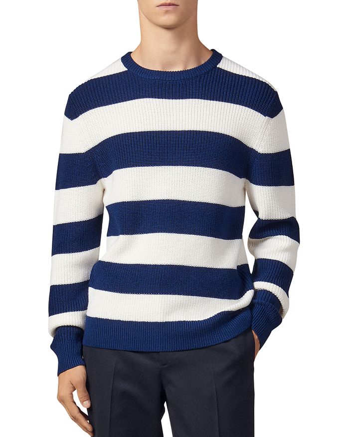Sandro Johnny Wide Striped Crewneck Sweater In Off White/midnight Blue ...