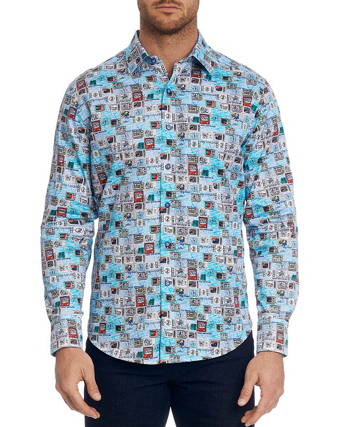 dressing gownRT GRAHAM STAY TUNED TV PRINT CLASSIC FIT BUTTON-DOWN SHIRT,RR191107CF