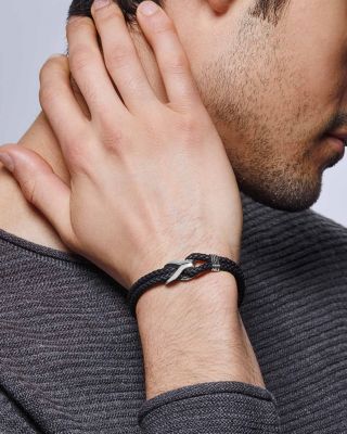 Sterling Silver Classic Chain Cord Bracelet with Black Leather