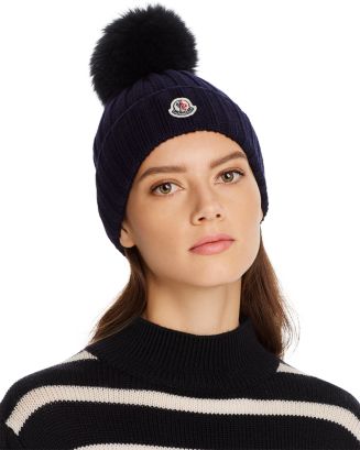 100% Authentic Moncler knit beanie with blue fox Moncler Knit Cap Hat Blue Fox Pom-pom Black Women UNBOXING  main image 4