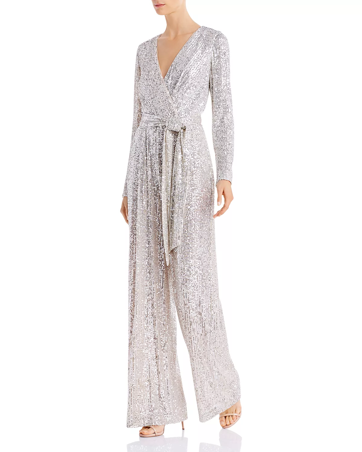 Eliza J Silver Sequin Faux Wrap Designer Jumpsuit for Evening, for Wedding, and for Mother of the Bride Jumpsuit